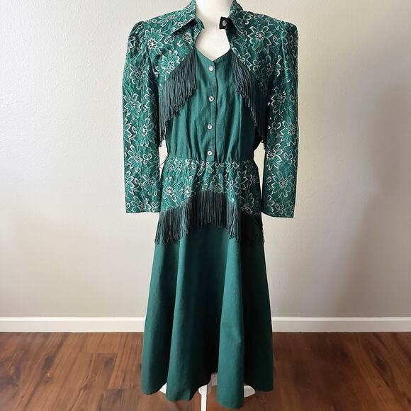 Vintage Lilia Smitty Forest Green Western Midi Dress size 11/12 modern size 8 - Picture 8 of 16